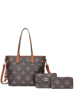 3in1 Print Tote Bag W Crossbody and Wallet Set DH-8091-S BROWN